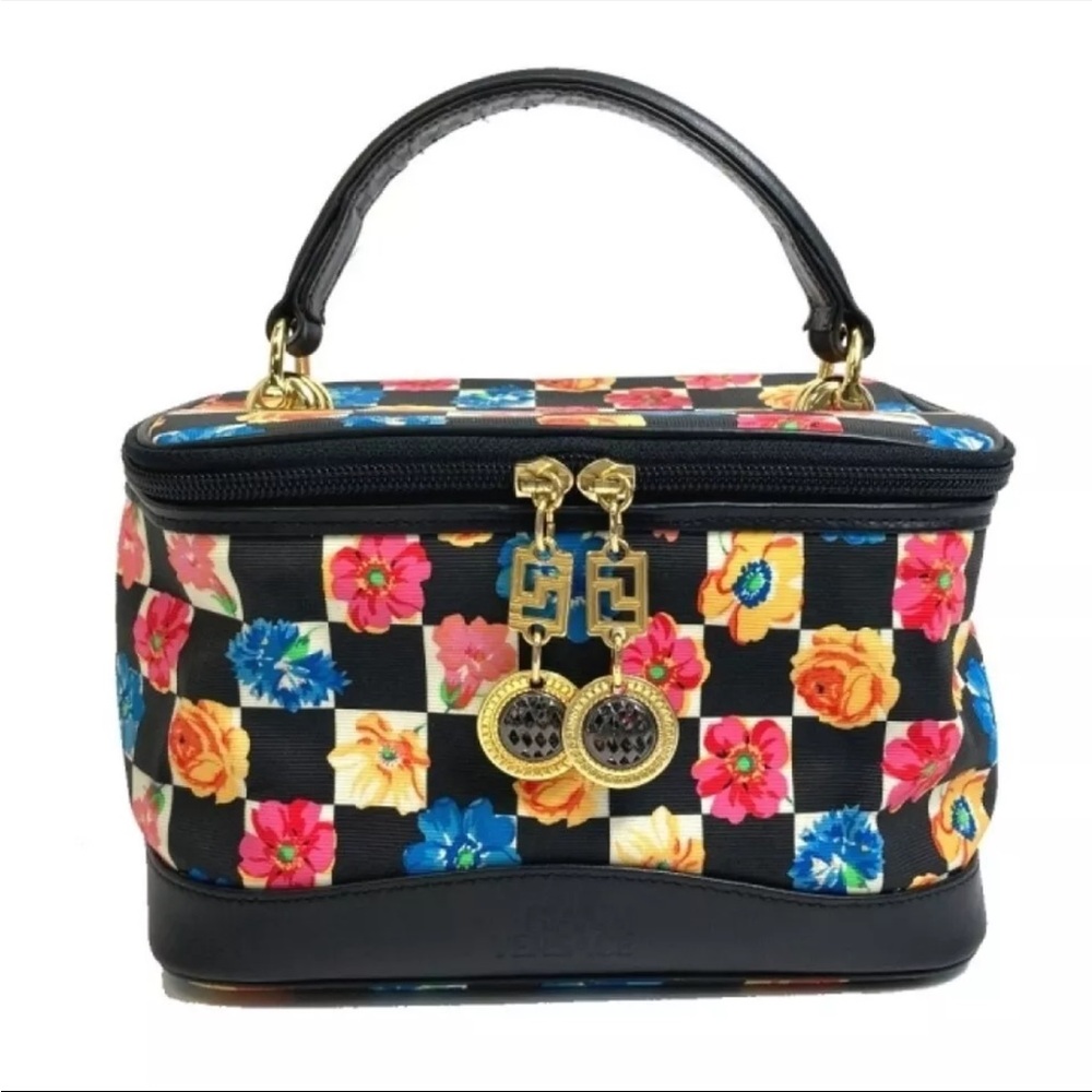 GIANNI VERSACE Medusa Vanity Bag Floral Checker Nylon & Leather Vintage RARE